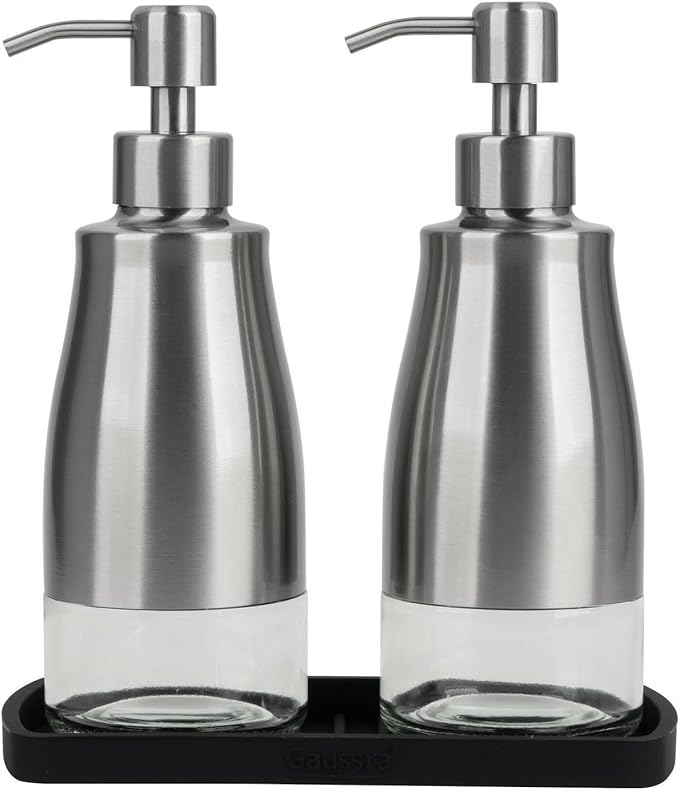 Gaussra Kitchen Soap Dispenser Set with Silicone Tray and Stickers - Brushed Nickel, Stainless Steel Glass Soap Dispenser Bathroom, Refillable Hand Dish Soap Dispenser for Kitchen Sink