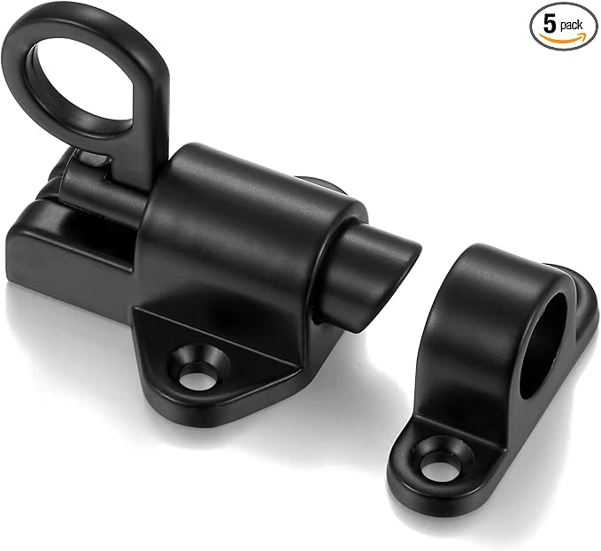 5 Packs Self-Closing Latches，Black Spring Door Lock，Resilient Bolt Latch Aluminum Alloy Safety Automatic Spring Barrel Slide Door Lock with Screws,Used for Gate,Window and Cabinet etc