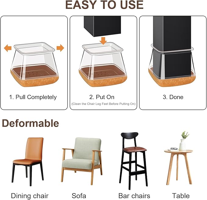 20 Pcs Chair Leg Floor Protectors for Hardwood Floors, Clear Rubber Furniture Sliders with Felt, Silicone Furniture Leg Caps Covers (Fit Square Diameter:1.06" to 1.44")