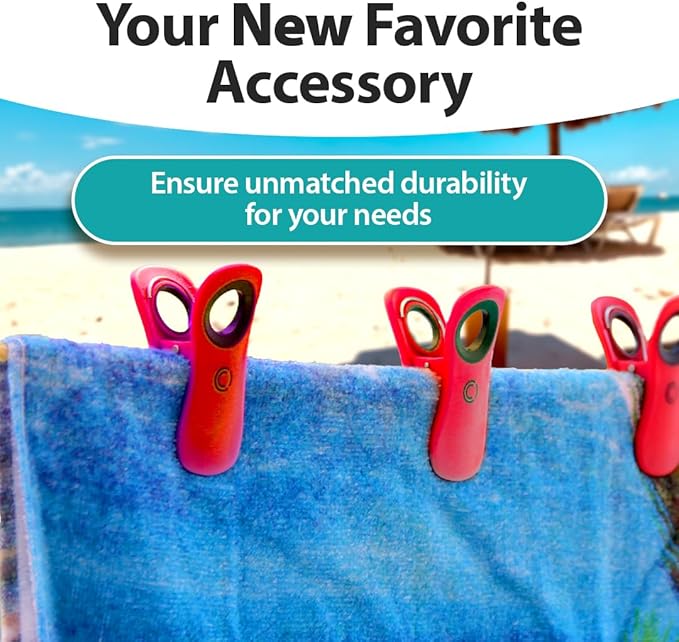 CoreClips Towel Clips for Beach Chairs - Set of 4 Pool Towel Holder Clips for Lounge Chairs on Cruise, Large 2.5” Opening Heavy Duty Clip for Towels on Boat Loungers with Travel Pouch - Red