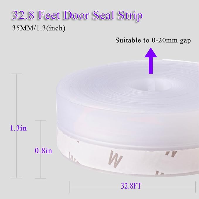 Weather Stripping Door Seal Strip for Gaps, Silicone Draft Stopper Adhesive Tape for Sliding Doors, Windows, Shower Glass, Soundproof Seal for Home Insulation, 32.8ft Roll White