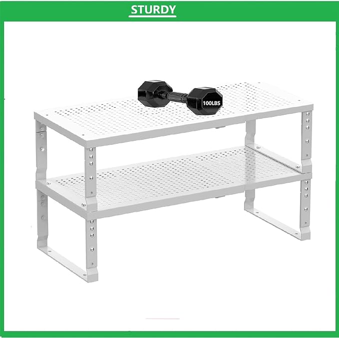 Metal Stackable Expandable Storage Shelf - Multi-Functional Home Storage Shelf, Suitable for Kitchen, Cabinet，Bathroom, Office, Garage, etc.（2PACKS/White/Medium