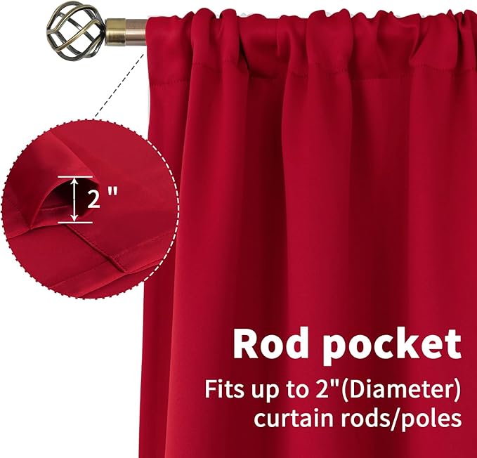 BGment Rod Pocket Red Blackout Curtains for Bedroom - Thermal Insulated Room Darkening Curtain for Living Room, 52 x 63 Inch, 2 Panels, Red