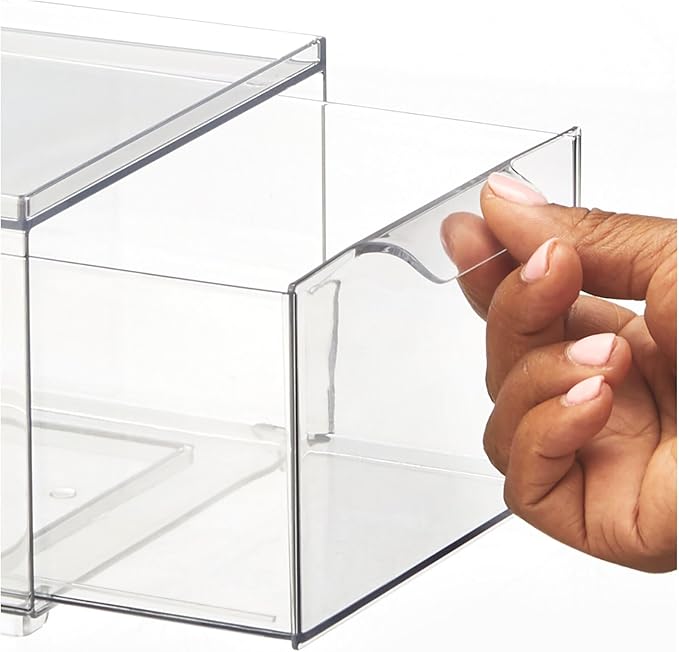 mDesign Stackable Storage Containers Box with Pull-Out Drawer - Stacking Plastic Drawers Bins for Kitchen Pantry and Cupboard, Cabinet, Counter, Island and Tables - Lumiere Collection - 4 Pack - Clear