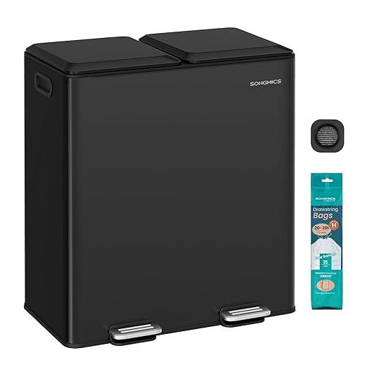 SONGMICS Trash Can, 2 x 8 Gallon (2 x 30 L) Double Garbage Can with Soft-Close Lids, Removable Inner Buckets, Pedals, Stainless Steel, for Waste and Recycling, Ink Black ULTB743B01
