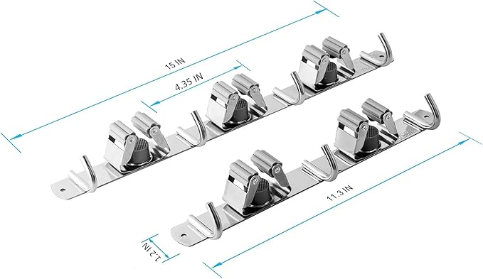 2 Pcs Mop Broom Holder Wall Mounted, Dustpan Holders, Stainless Steel Mop Hangers Organizer, Broom Rack, Utility Hook for Hanging Brooms and Mops(3 Racks 4 Hooks and 2 Racks 3 Hooks)
