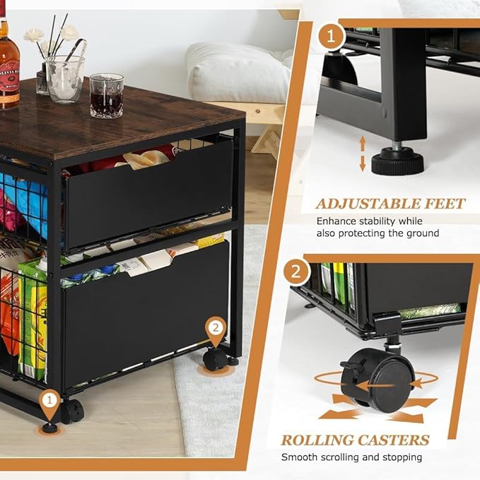 Mini Fridge Stand with Storage Drawer, 21.7”x21.7” Heavy Duty Mini Fridge Table with Wheels, Rolling Beverage Cart with Basket for Home, Office, Bedroom, Brown