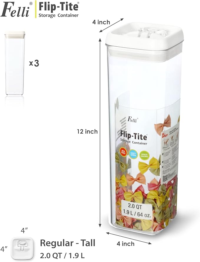 Felli Flip Tite TALL Storage Container with Lid 4" Air Tight Easy Open Ring Top, Clear Acrylic Skinny Canister Jar for Spaghetti Lasagna Fettuccine Noodle, Kitchen Cupboard Pantry Organizer (2.0 qt)