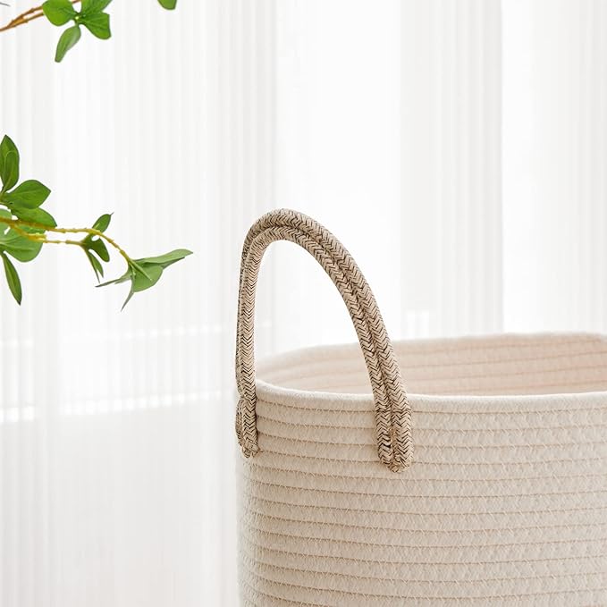 VIPOSCO Tall Laundry Hamper, Woven Rope Storage Basket for Blanket, Toys, Dirty Clothes in Living Room, Bathroom, Bedroom - 30L White & Brown