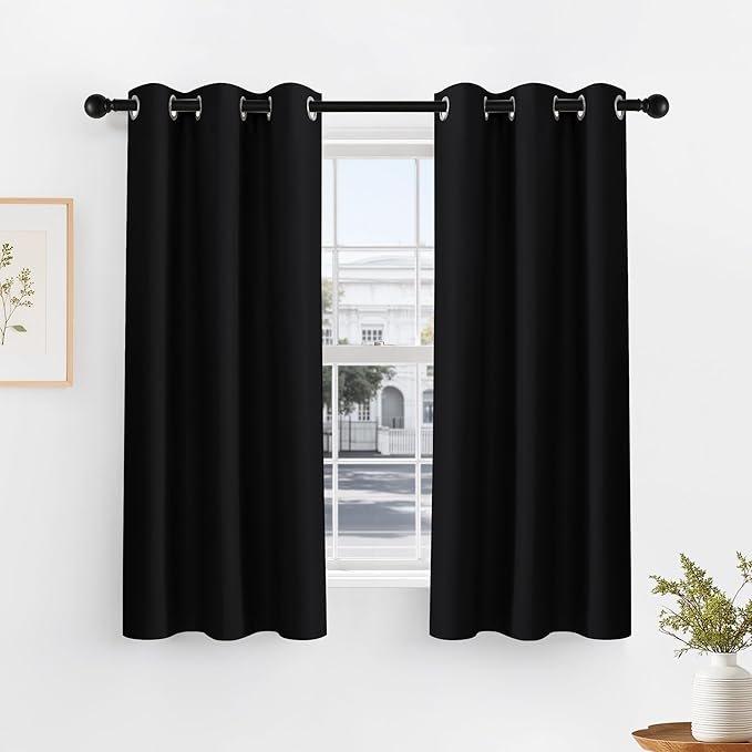PONY DANCE Bedroom Blackout Curtains - Thermal Insulated Curtain Panels Window Treatments Grommet Top Light Blocking Home Decoration Window Draperies for Living Room, 42 by 54 inches, Black, 1 Pair