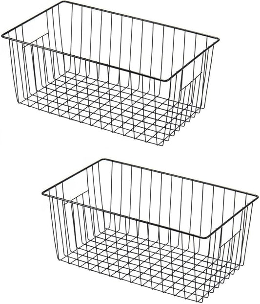 16" L x 12" W Wider Freezer Storage Organizer Baskets Container, Deep Metal Wire Chest Upright Refrigerator Divider Bins with Built-in Handles for Cabinet, Pantry, Closet, Kitchen, Black