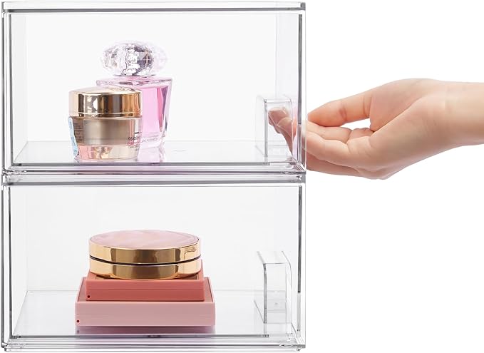 Vtopmart 2 Pack Clear Stackable Storage Drawers, 4.4'' Tall Acrylic Bathroom Makeup Organizer,Plastic Storage Bins For Vanity, Undersink, Kitchen Cabinets, Pantry, Home Organization