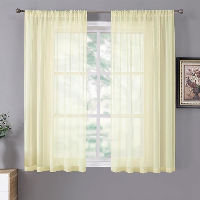 Tollpiz Short Sheer Curtains Linen Textured Living Room Curtain Sheers Light Filtering Rod Pocket Voile Curtains for Bedroom, 42 x 45 inches Long, Transparent Yellow, Set of 2 Panels