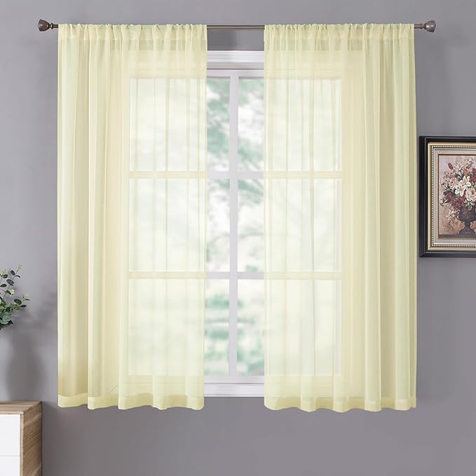 Tollpiz Sheer Curtains Linen Textured Bedroom Curtain Sheers Light Filtering Rod Pocket Voile Curtains for Living Room, 54 x 63 inches Long, Transparent Yellow, Set of 2 Panels
