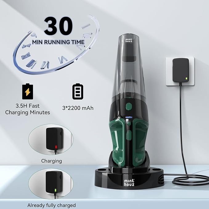 Minthouz Handheld Vacuum Cordless, Strong Suction Car Vacuum Cleaner with LED Light, Long Runtime Hand Vacuum Cordless Rechargeable, Hand Held Vac with Charging Base for Home/Car/Pet/Office