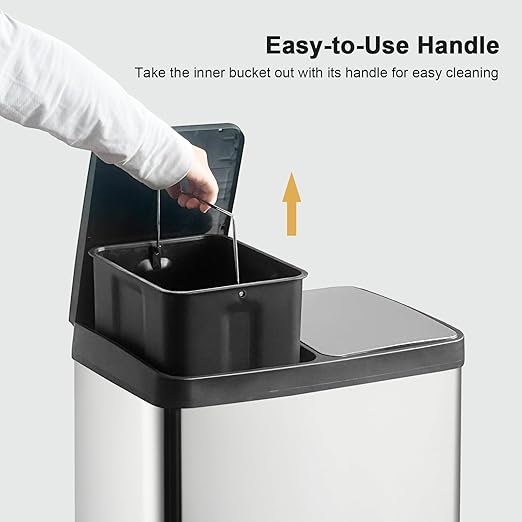 Dual Trash Can, 60 Liter/16 Gallon Dual Bin Trash Can with Lids, Trash and Recycling Bin Combo, Hands-Free Stainless Steel Kitchen Garbage Can, Silver Recycling Waste Bin for Home, Office