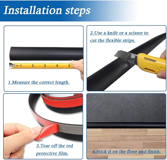 Floor Transition Strip Self Adhesive Carpet & Flooring Transitions Edging Trim Strip PVC Threshold Transitions Suitable for Threshold Height Less Than 3mm (10Ft, Black)