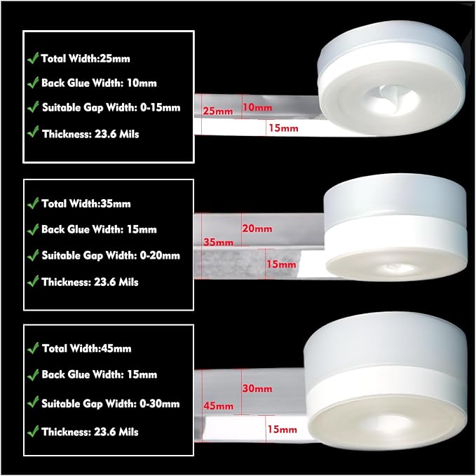 Silicone Seal Weather Stripping Tape 16.5 Feet Strip Bottom Draft Insulation Stopper Tape Weatherproof Soundproof for Door or Window Bathroom Shower Glass Gaps（45mm*5m）