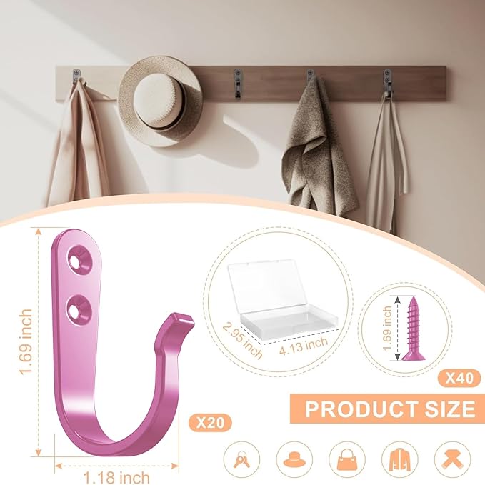 20PCS Wall Hooks for hanging, Metal Wall Hooks for Coats, Coat hooks for Wall, Heavy Duty Single Prong Wall Hooks With 40 Pieces Screws for Hanging Coats，Towel，Backpack，Hat, Dog Leashes (Pink )