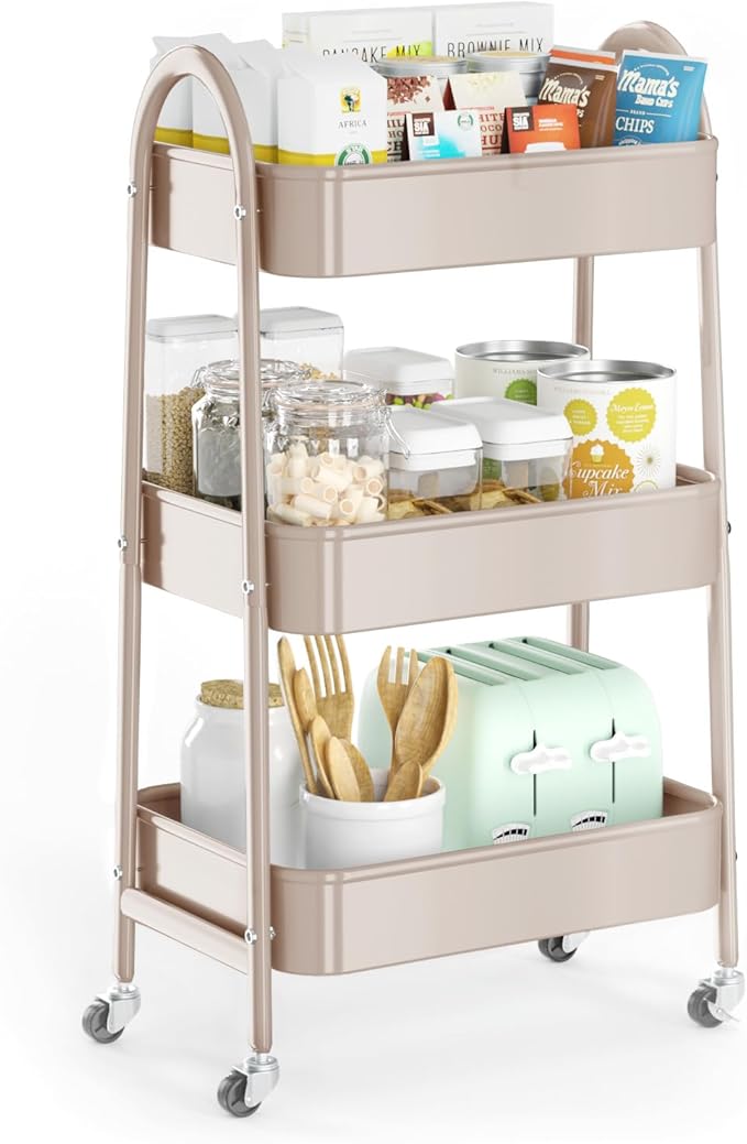 EAGMAK 3 Tier Utility Rolling Cart, Metal Storage Cart with Handle and Lockable Wheels, Multifunctional Storage Organizer Trolley with Mesh Baskets for Kitchen, Living Room, Office, Garage (Beige)