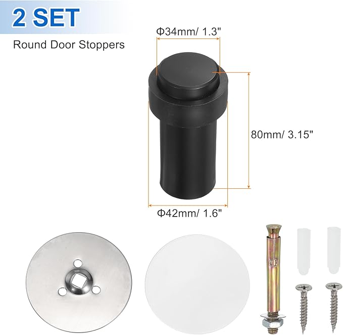 PATIKIL 2Set Round Door Stoppers, 80mm Stainless Steel Door Stop Doorstop Wedge Metal Cylinder Self Adhesive with Screw for Bottom of Door Floor Inside, Black