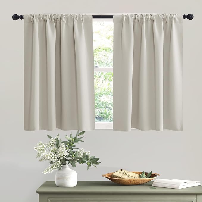 RYB HOME Blackout Short Cafe Curtains, Privacy Light Block Small Window Curtains for Bedroom Kitchen Basement Dining Classroom, W 42 x L 30 inches, Natural, 2 Panels