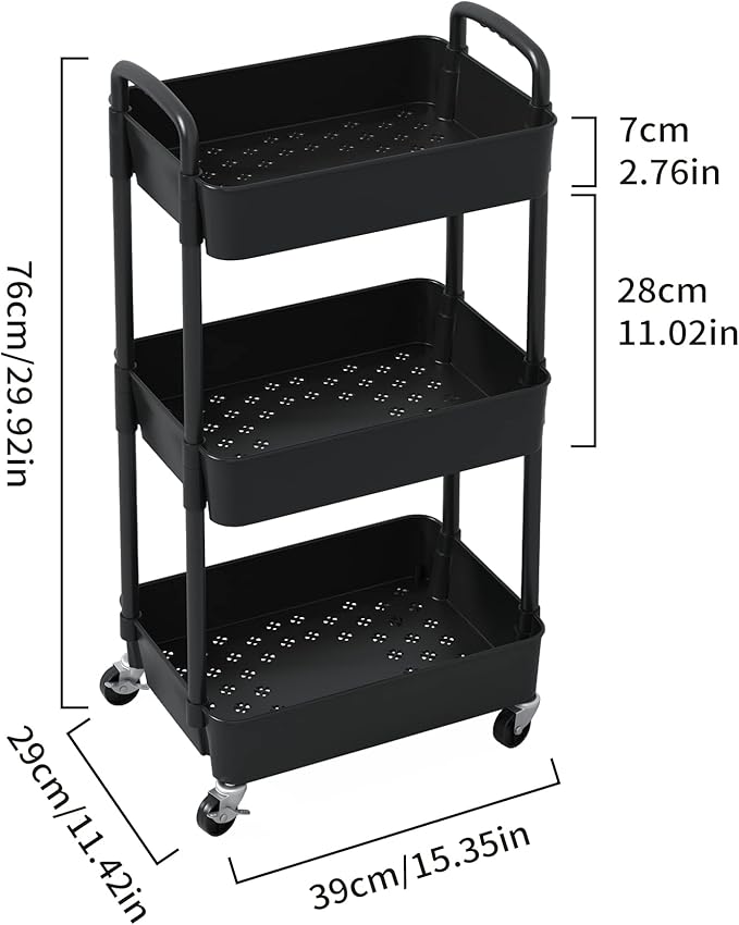Sywhitta 3-Tier Plastic Rolling Utility Cart with Handle, Multi-Functional Storage Trolley for Office, Living Room, Kitchen, Movable Storage Organizer with Wheels, Black