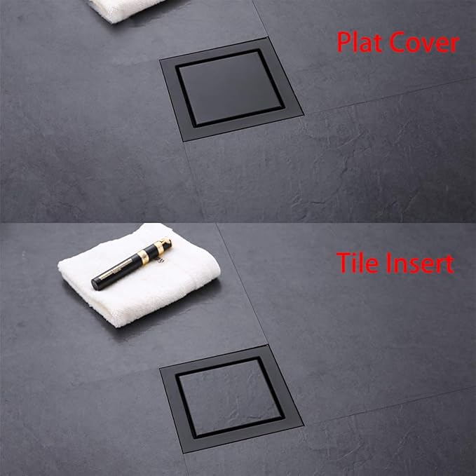 RANDOM Black Shower Drain Square with Removable Tile Insert 6 Inch Drain Cover and Hair Strainer,SUS 304 Stainless Steel Matte Black Shower Floor Drain