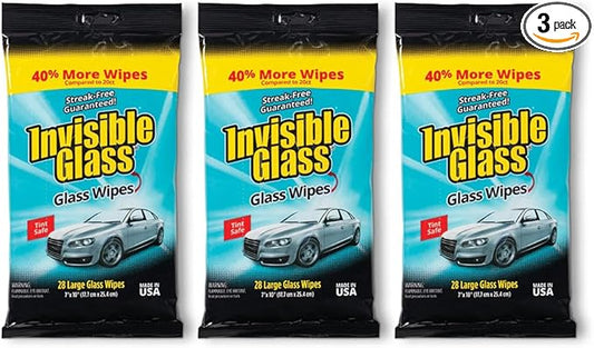 Invisible Glass 90161-3PK Large Glass Cleaning Wipes for Streak-Free Windows, Mirrors, and Glass, Lint-Free, Ammonia-Free, Tint-Safe, for Home and Auto, Flat Pack, 28 Wipes, Pack of 3