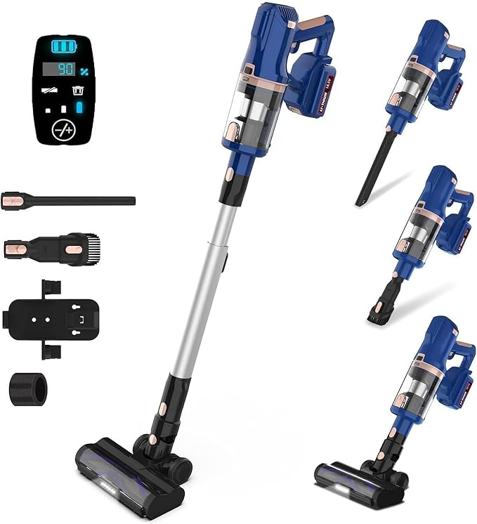 Cordless Vacuum Cleaner for Home, 45Kpa 300W 60Mins Stick Vacuum Cleaner with Touch Screen, 8-in-1 Rechargeable Battery Cordless Vacuum, LED Lightweight Vacuum for Pet Hair Carpet Hardwood Floors