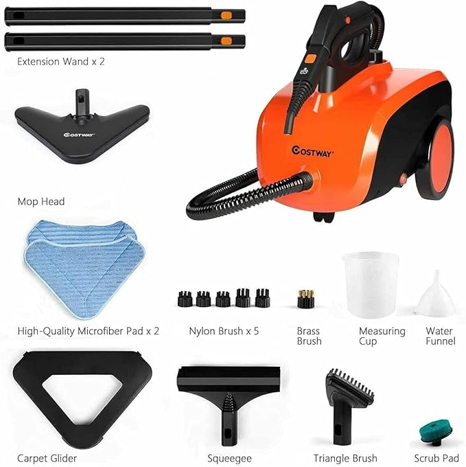 COSTWAY Multipurpose Steam Cleaner with 19 Accessories, Heavy Duty Household Steamer Chemical-Free Cleaning, 1.5L Dual-Tank Rolling Cleaning Machine for Carpet, Floor, Window and Car, Orange+Black