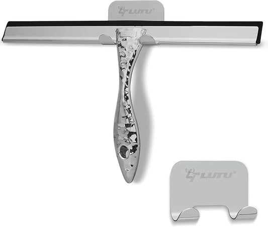 12" Silver Shower Squeegee with Hammered Handle & Waterproof Hook for Glass Doors, Silicone Bathroom Tile Wall and Car Window - Streak-Free Handheld Squeegee