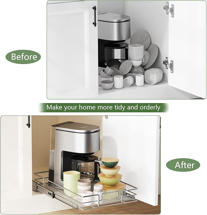 LOVMOR Pull Out Cabinet Organizer 14"W x 21"D, Kitchen Cabinet Pull Out Shelves Slide Out Storage