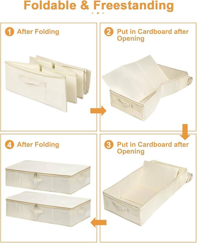 punemi Underbed Storage, 3 Pack Clothing Storage Bags W/Sturdy Handles, Large Capacity Underbed Shoe Container Organizer, Dorm Essentials Bins for Blankets, Pillows, Comforters & Quilts, Beige, 50L