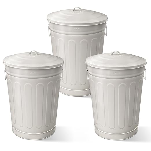 Plexon Round Trash Can 13 Gallon, Vintage Metal Outdoor Trash Can with Lid, Retro Farmhouse Garbage Container, Old School Modern Ash Bucket, Beige 3 Pack