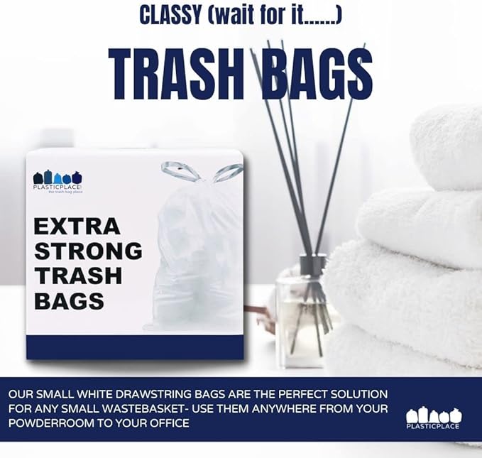 Plasticplace 6 Gallon Trash Bags, 0.7 Mil, White Drawstring Garbage Can Liners, 17" x 20" (100 Count) (Pack of 6)