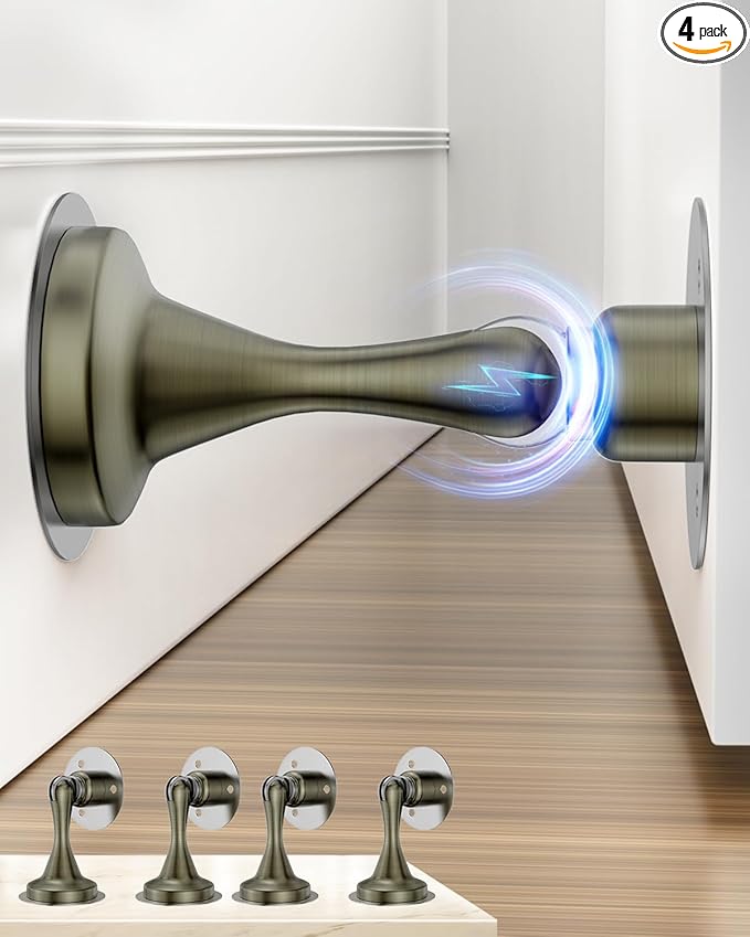 Door Stoppers Magnetic Door Catch - 4 Pack Stainless Steel Heavy Duty Door Stops for Bottom of Door, Wall & Floor Mounting No-Drill Strong Adhesive & Screws, Strong Door Holder to Keep Door Open