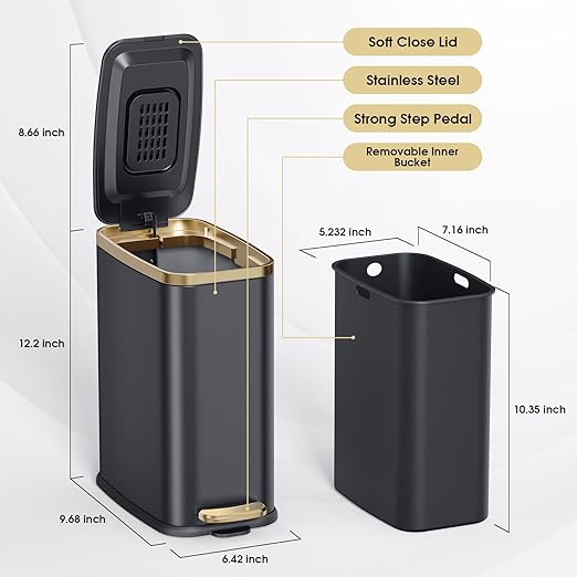 CEROELDA Small Bathroom Trash Can with Lid Soft Close-5L/1.3 Gal Slim Garbage Can-Metal Step Wastebasket-Rectangle Narrow Waste Bin for Office, Bedroom, Toilet, Live Room-Black