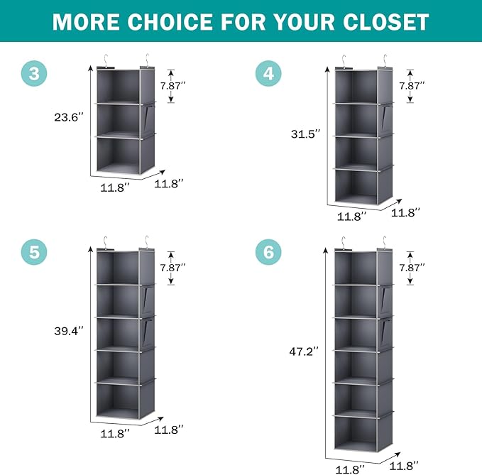 YOUDENOVA Hanging Closet Organizer, 5-Shelf Closet Hanging Storage Shelves, Grey