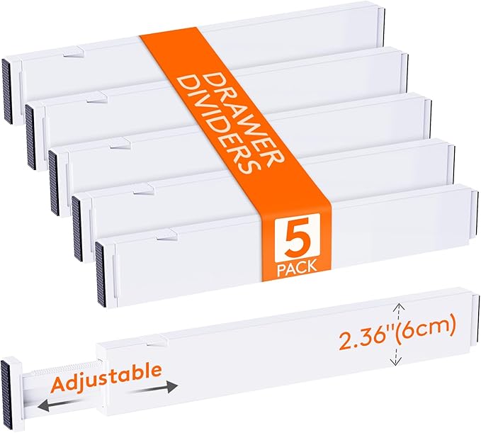 Lifewit 5 Pack Kitchen Drawer Dividers 2.36" High, 16"-22" Adjustable Drawer Organizer for Utensils/Clothes/Makeup, Plastic Expandable Separators in Dresser/Bedroom/Bathroom/Office Storage