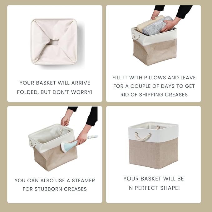 Mangata Canvas Storage Boxes, 11.8 Inch Cube Storage Bins Set of 6 for 12 Inch Cabinets, Fabric Baskets with Cotton Rope Handle for Organizing Clothes Nursery Home (Khaki/White)