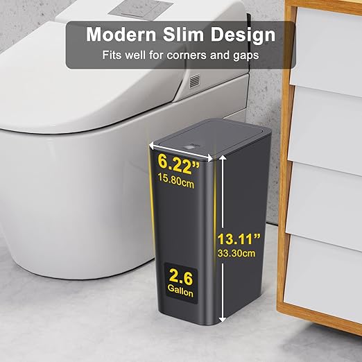 N. NETDOT 3 Pack 10L / 2.6 Gallon Small Trash Can with Lid,Bathroom Garbage Can with Pop-Up Lid,Waste Basket for Bathroom,Kitchen,Bedroom,Powder Room,Office,College (Black-Grey-Off White)