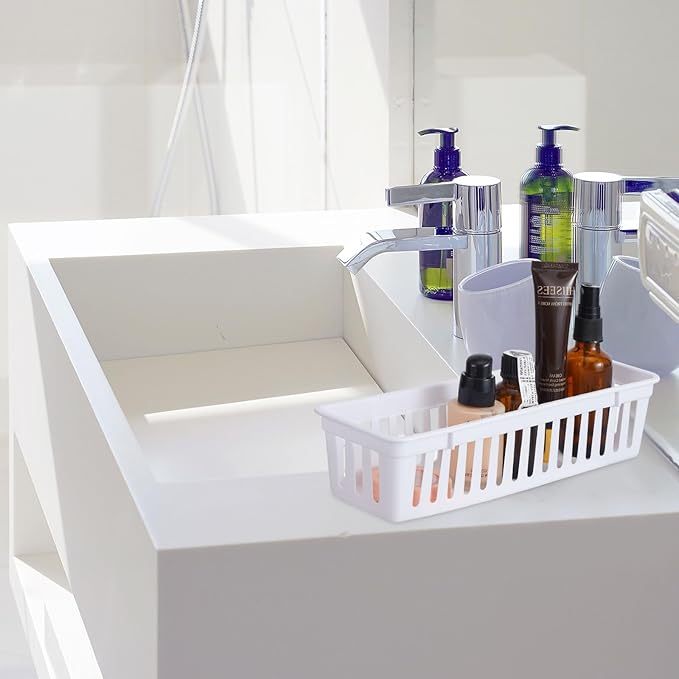 Domensi 12 Pack Slim Plastic Storage Baskets Tray for Organizing 10.25 x 3.25 x 2.5 Inch Small Narrow Storage Bins Stackable Drawer Pencil Trays Holder for Desk Garage Cabinet Containers(White)