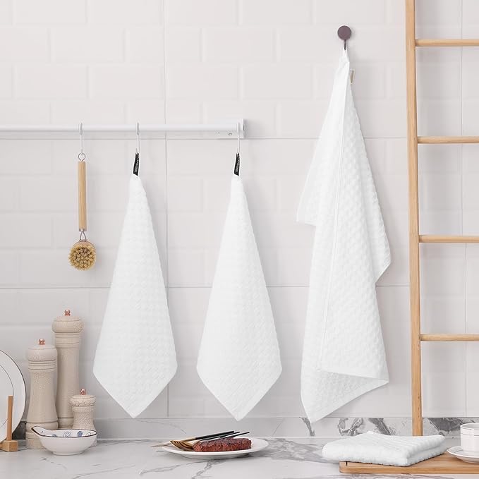 Fintale 100% Cotton Kitchen Towels and Dishcloths Set, 12 x 12 & 15 x 25 Inches, Set of 8 Bulk Super Soft and Absorbent Terry Cloth Dish Towels, Quick Drying Hand Towels with Hanging Loop, White