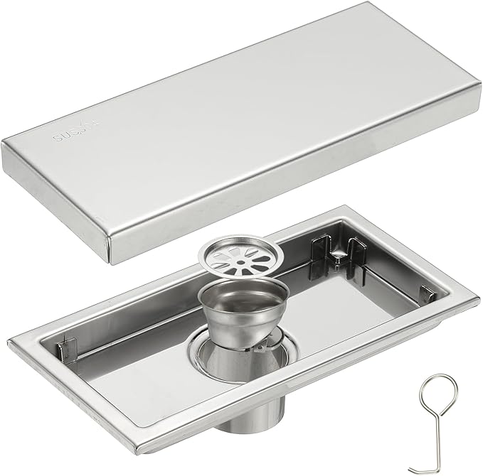 uxcell Rectangular Shower Drain, Brushed 304 Stainless Steel Odor-Proof Floor Drain Linear Shower Drain Hair Catcher for Bathroom Kitchen and Laundry Room(8 Inch, Bright Silver)