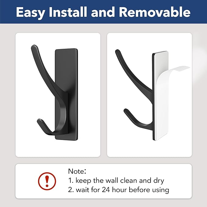 Self Adhesive Coat Hooks for Hanging, Heavy Duty Stainless Double Wall Hook for Towel, Backpack, Hat, Sturdy Metal Hanger for Bathroom, Bedroom, Door, Wall Mounted, 10 Pack, Matt Black, New