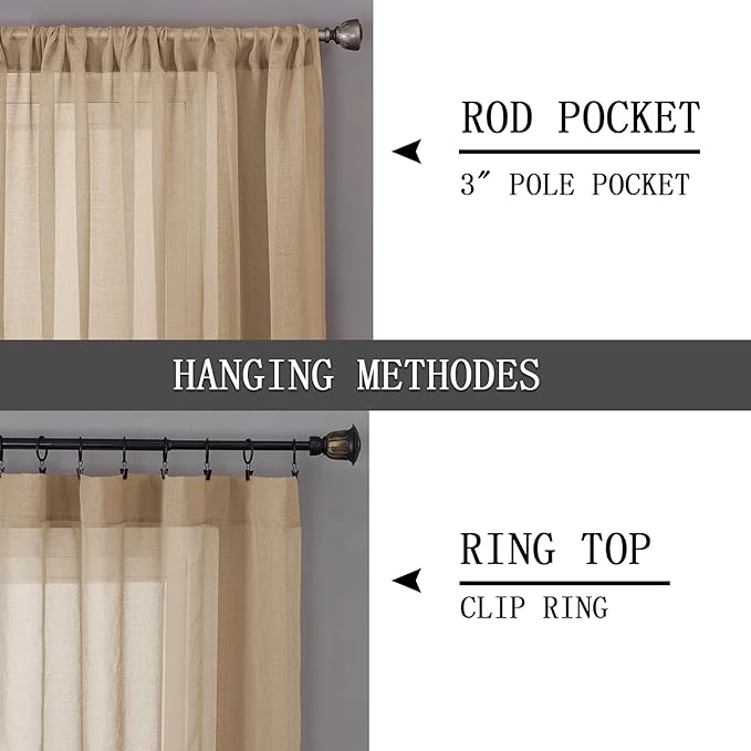 Tollpiz Sheer Curtains Linen Textured Living Room Curtain Sheers Light Filtering Rod Pocket Voile Curtains for Bedroom, 42 x 63 inches Long, Beige, Set of 2 Panels