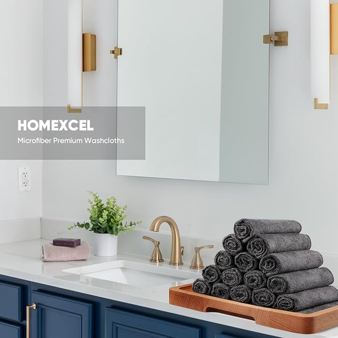 HOMEXCEL Microfiber Washcloths 12 Pack, Highly Absorbent and Soft Face Towel, Multi-Purpose Grey Wash Cloths for Bathroom, Hotel, Spa, Gym, and Kitchen, 12x12 Inch