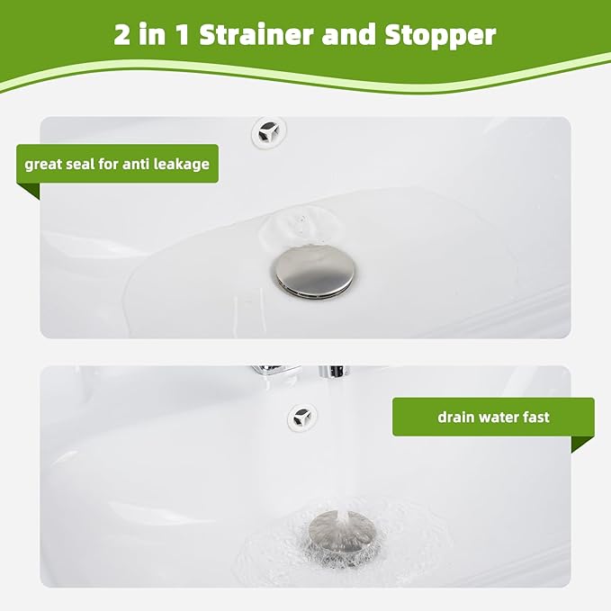 Universal 2PCS Bathroom Sink Stopper 2 in 1 Pop Up Metal Sink Drain Strainer with Hair Catcher, Fit for 1.1~2.36" Sink Basin Hole, Big Cover Cap, Anti-clog, Brushed Nickel