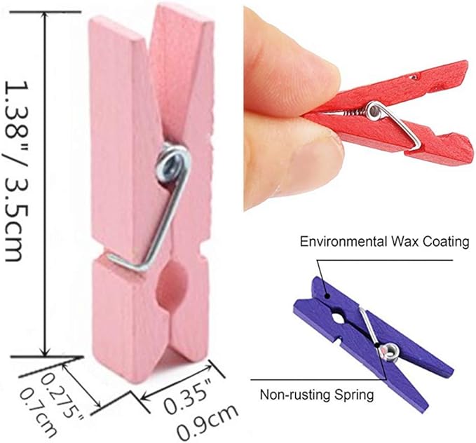DurReus Tiny Wood Clips Travel Clothespins Miniature Clothes Pins for Wedding Arts Crafts Ornaments Packing with Twine Pack 50 Red